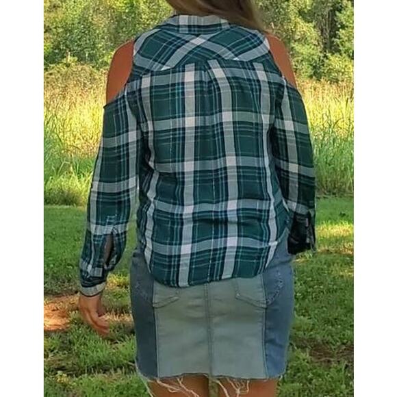 New York & Company soho jeans cold shoulder button up shirt teal plaid medium - Picture 3 of 4